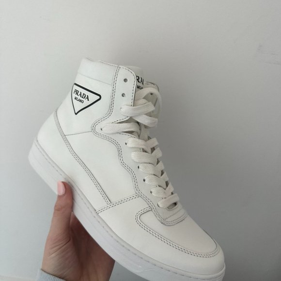 PRADA High Top Sneakers White Soft Leather Triangle Logo Lace up Men's 5.5 - Picture 4 of 11